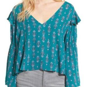 bp TEAL FLORAL TIE BACK TOP BELL SLEEVES Sz L